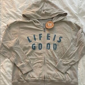 Life Is Good Kids Tan Hoodie with Blue Print